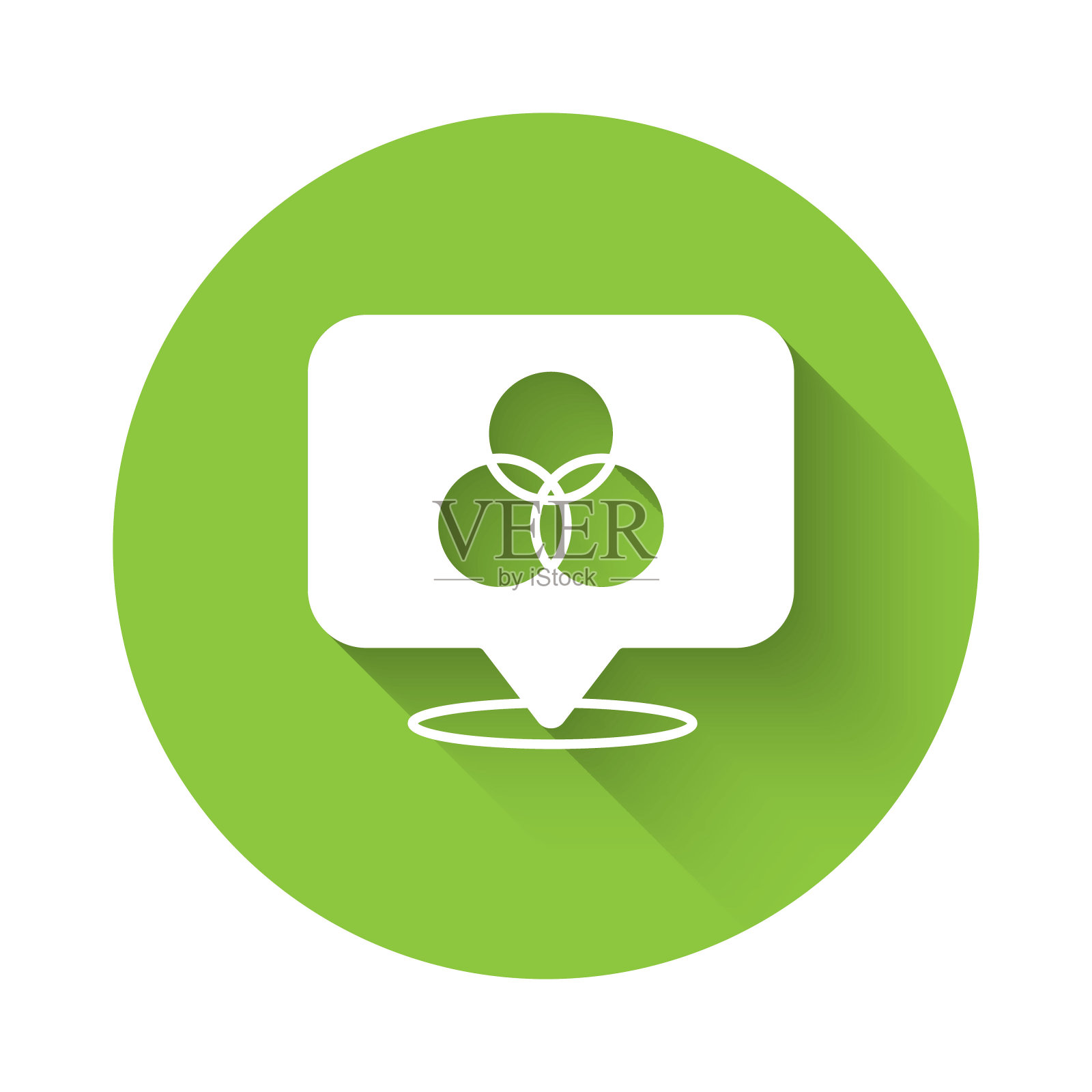 白色RGB和CMYK颜色混合图标与长阴影背景隔离。绿色圆圈按钮。向量图标素材