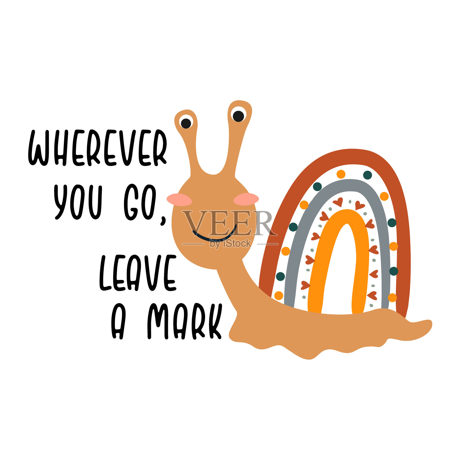 可爱的卡通蜗牛与彩虹和引用插画图片素材