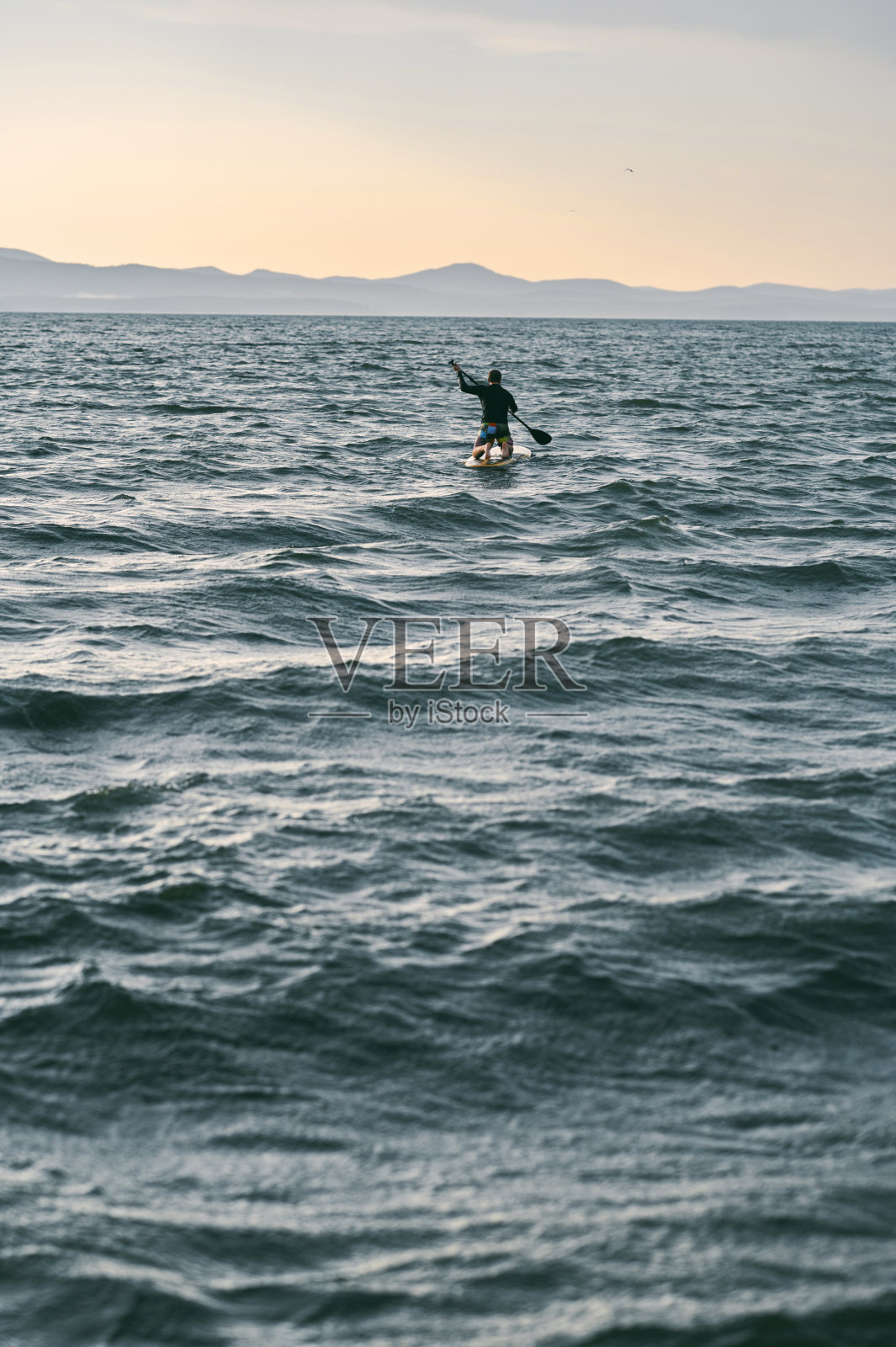 站在冲浪板上划水的人照片摄影图片