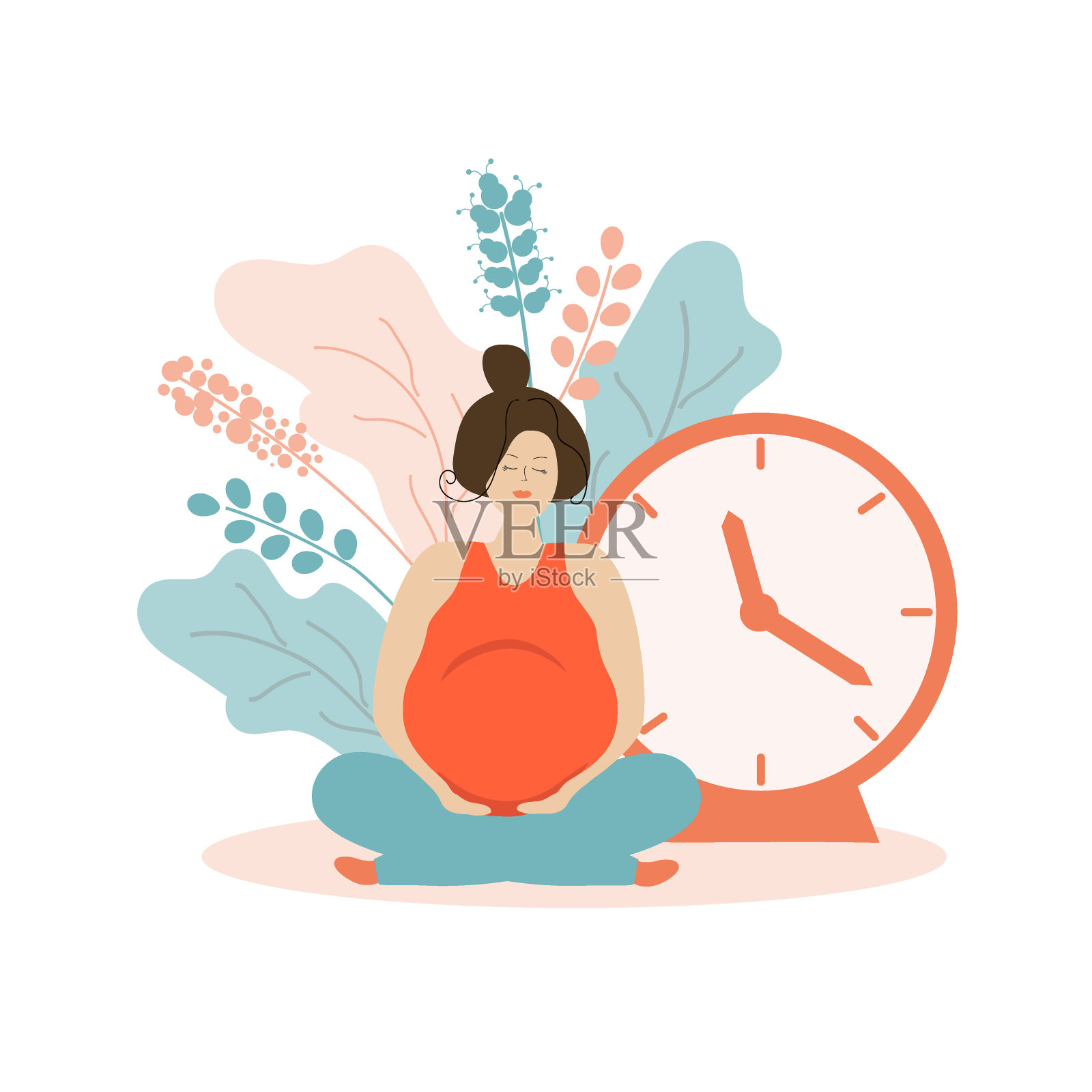 可爱的孕妇穿着鲜花,手持时钟。交付时间。怀孕和生育。带着一个婴儿。平坦的插图。插画图片素材