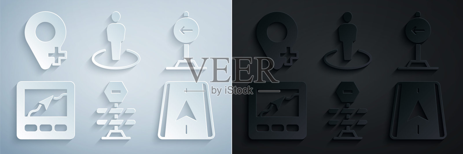 设置道路障碍,交通标志左转,Gps设备与地图,城市导航,定位人和图标。向量图标素材