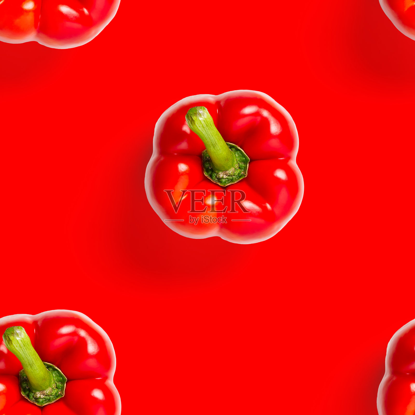 无缝模式保加利亚红辣椒在红色背景。壁纸、打印图案、顶视图、平面布局、孤立照片摄影图片