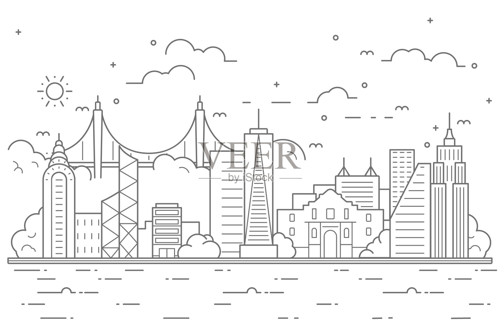 城市景观细线。插画图片素材