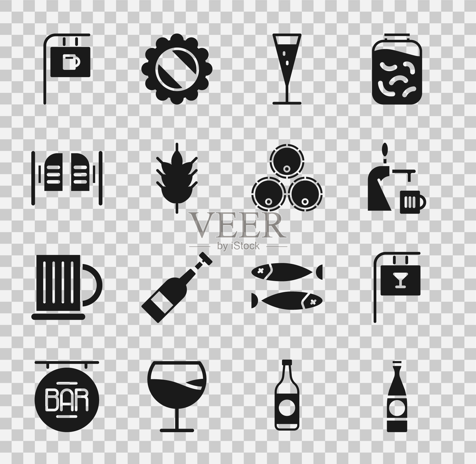 设置啤酒瓶,街道招牌酒吧,水龙头玻璃,香槟,啤酒花,沙龙门,和木桶图标。向量图标素材