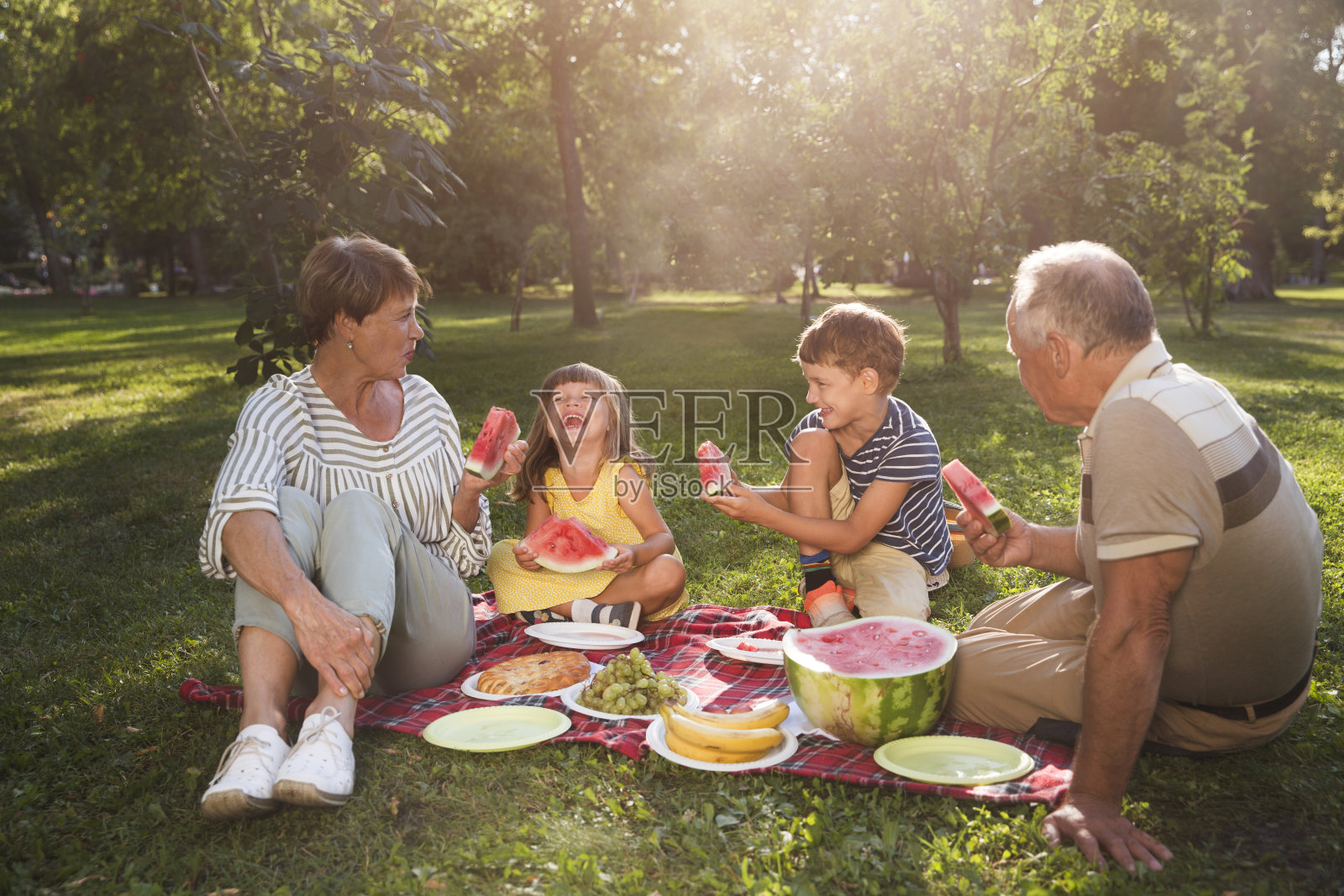 在阳光明媚的夏日里,全家人的爷爷奶奶和孙子孙女们在公园里野餐、吃西瓜照片摄影图片