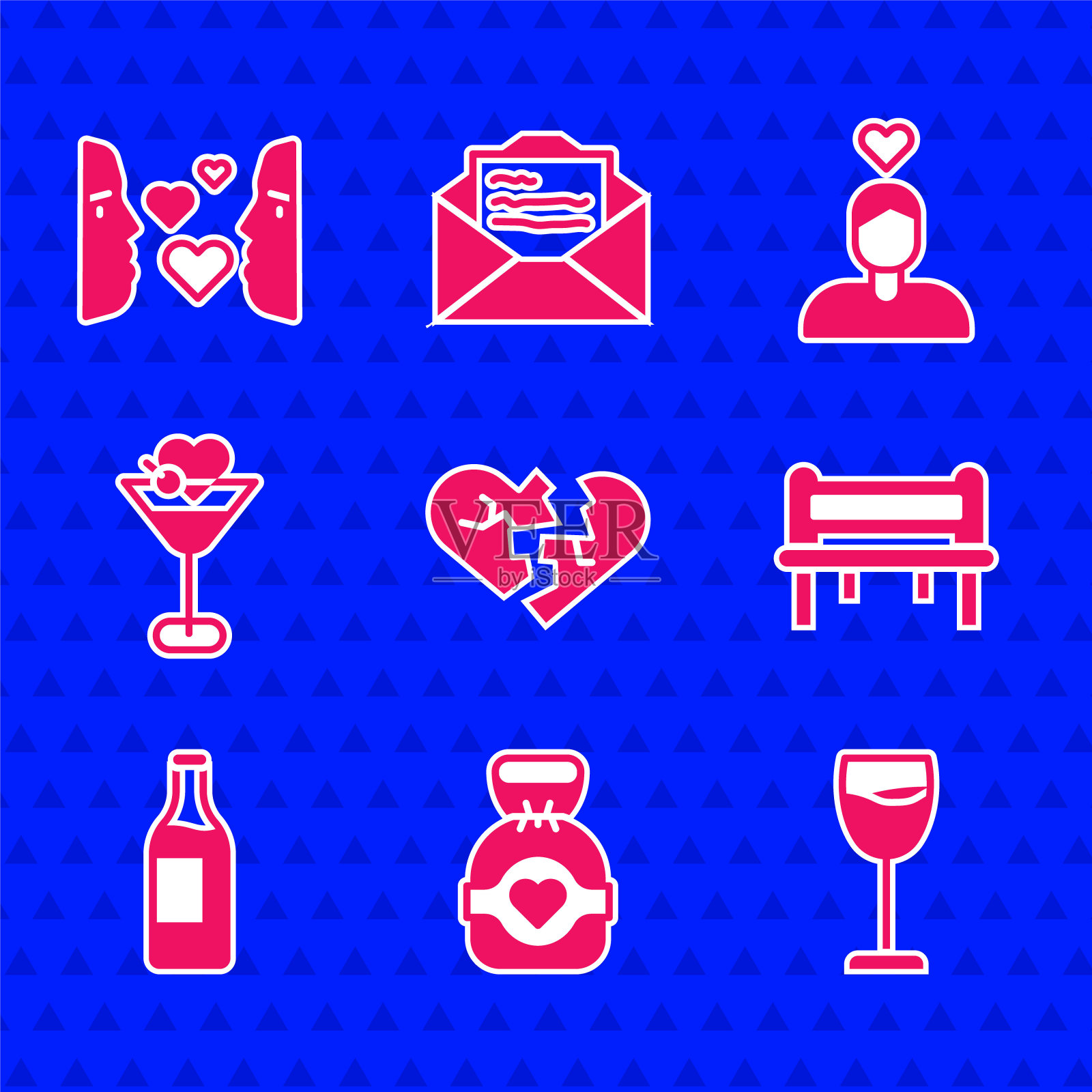 破碎的心或离婚,巧克力糖果,酒杯,浪漫的长凳,瓶子,马提尼,情侣爱情和一见钟情图标。向量图标素材