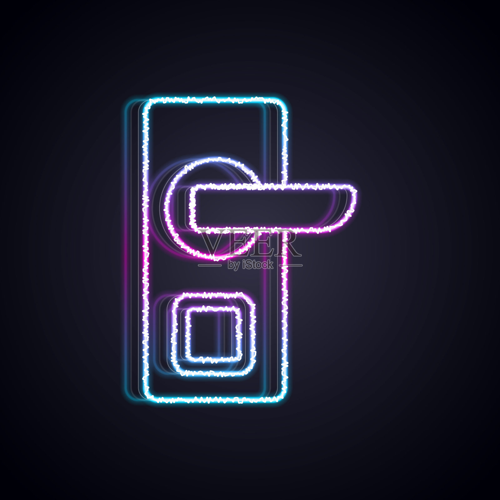 发光的霓虹灯线数字门锁与无线技术解锁图标隔离在黑色背景。门把手的迹象。安全智能家居。向量插画图片素材