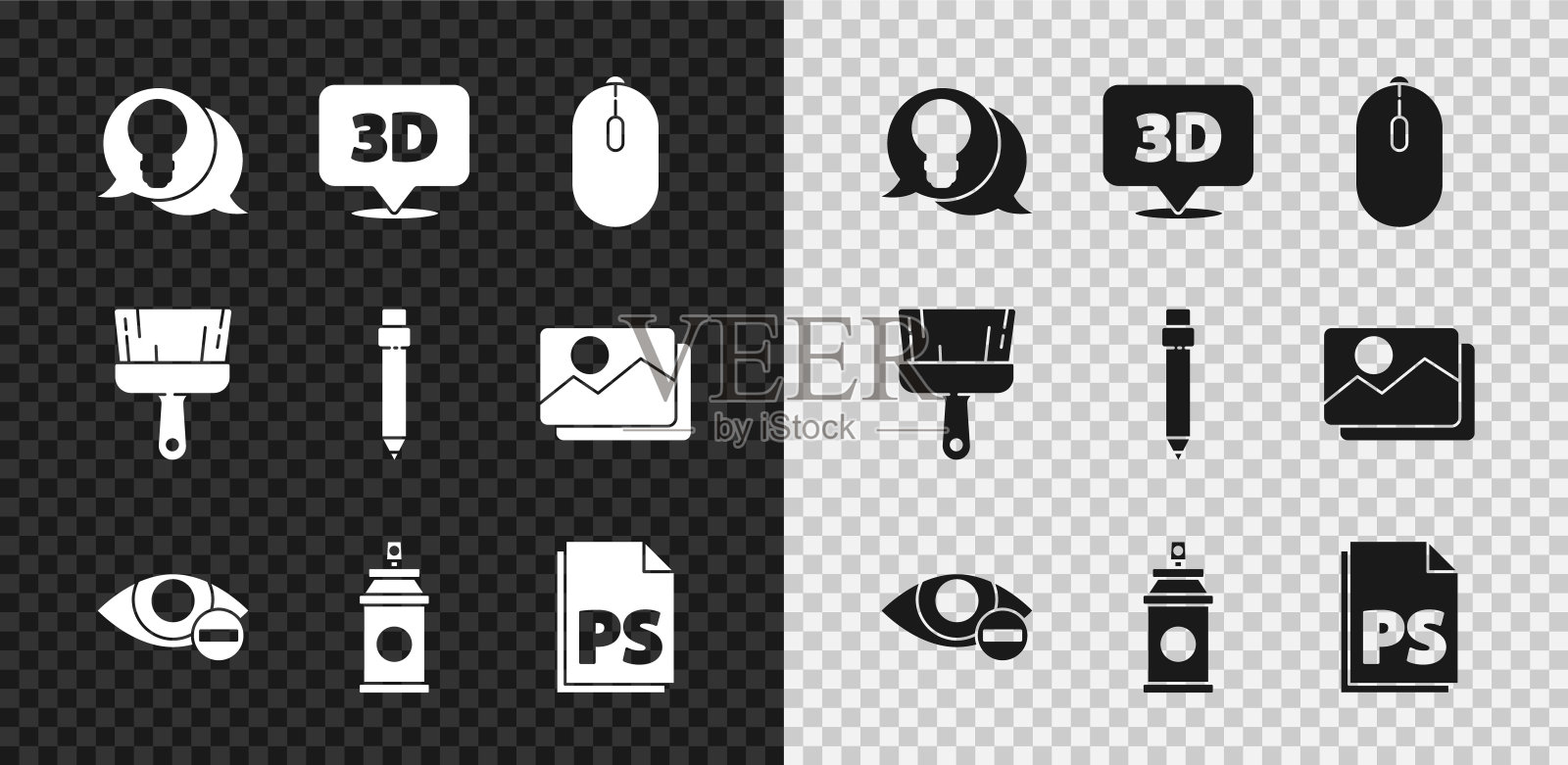 设置灯泡与概念的想法,语音气泡文本3D,电脑鼠标,红色的眼睛效果,喷漆罐,PS文件文件,刷子和铅笔橡皮图标。向量图标素材