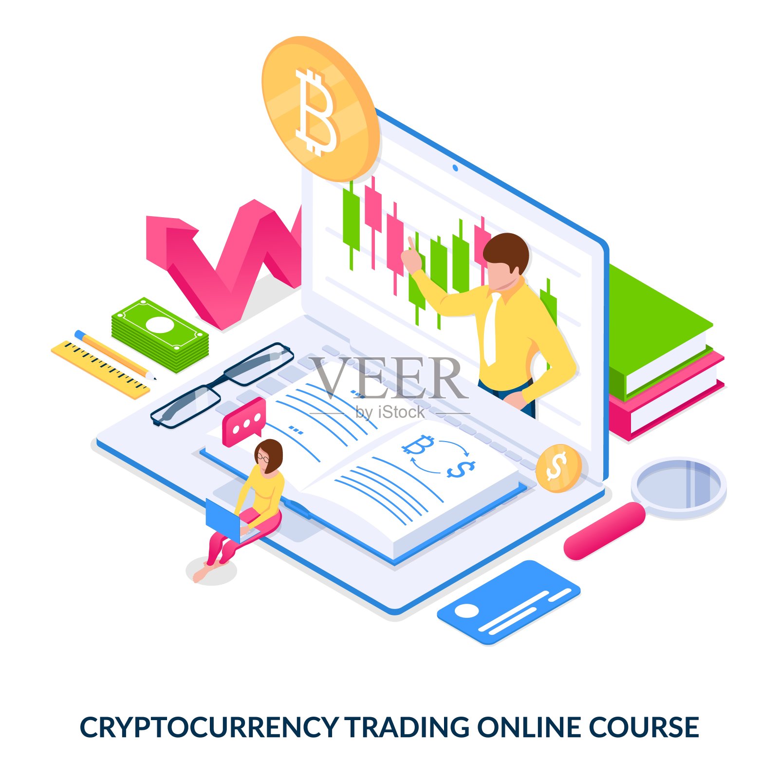 加密货币交易在线课程。的概念。插画图片素材