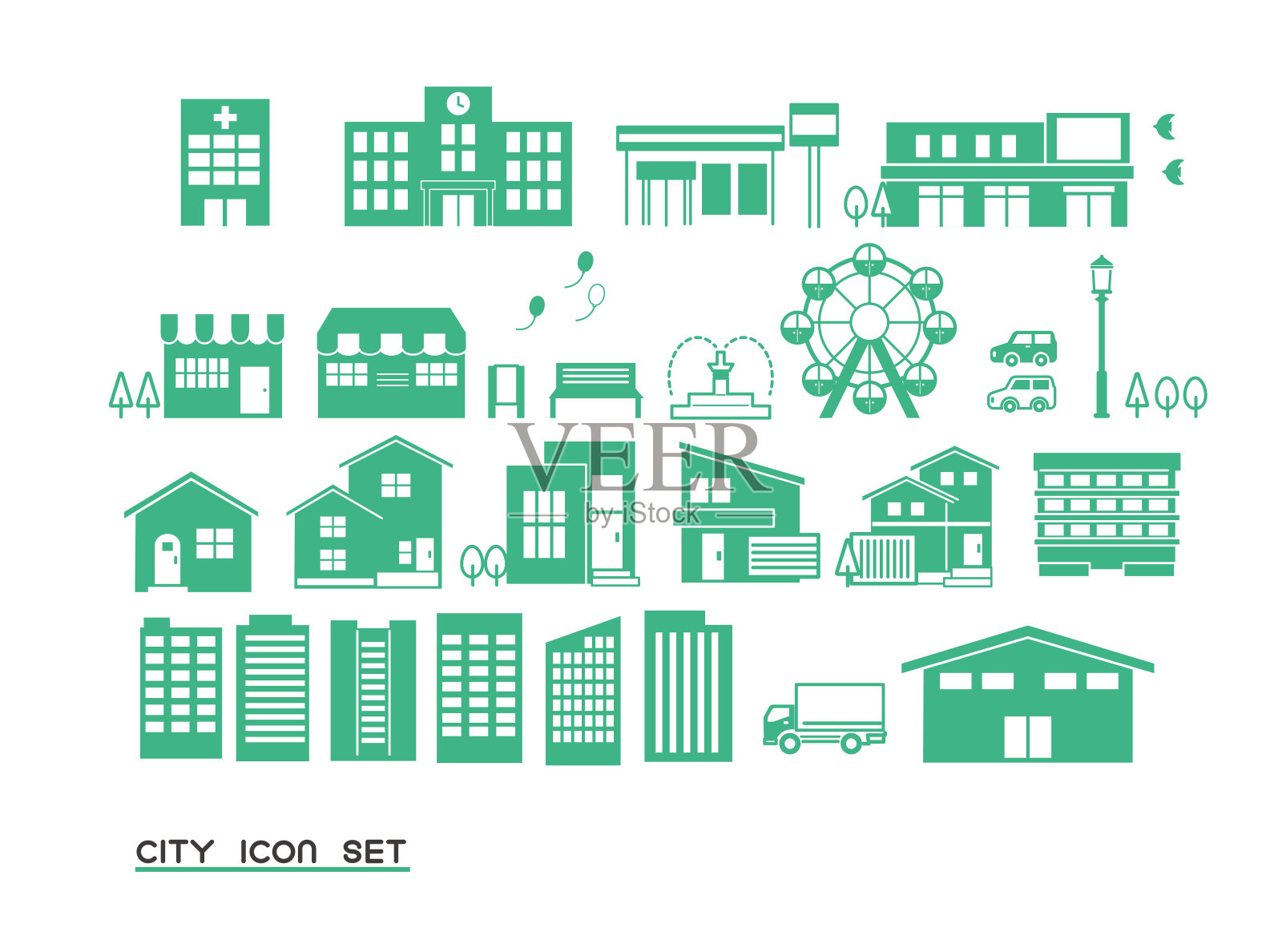 简单和可爱的城市景观图标集/矢量插图材料/总结/医院/学校图标素材
