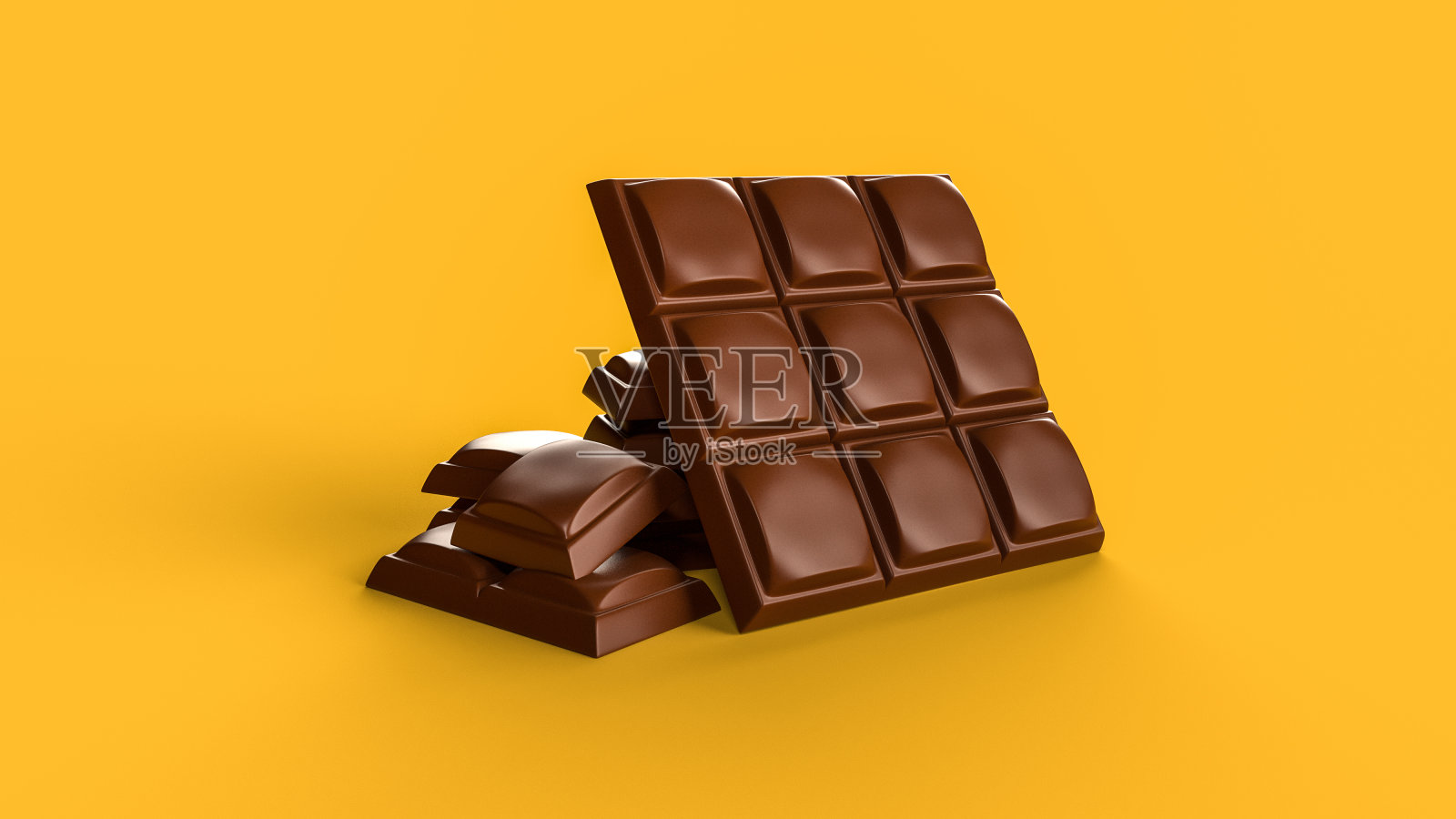 关闭牛奶巧克力棒孤立的芥末背景一堆巧克力块3d插图照片摄影图片