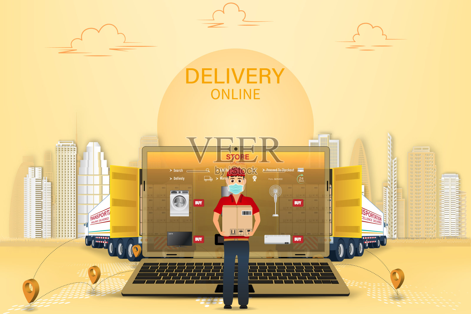 物流在线送货服务,在线订单跟踪,送货到家和办公室。城市物流。仓库、卡车、叉车、快递员。矢量插图。插画图片素材