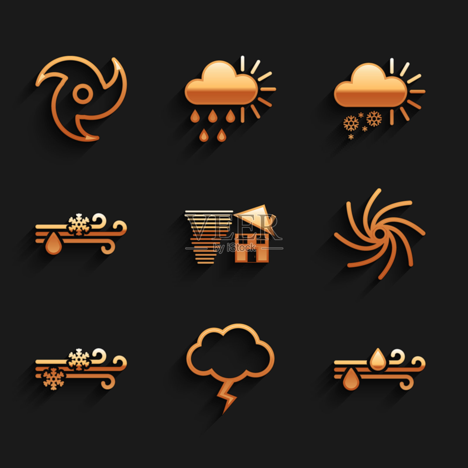 设置龙卷风漩涡,风暴,风雨,雪,有,多云和图标。向量图标素材
