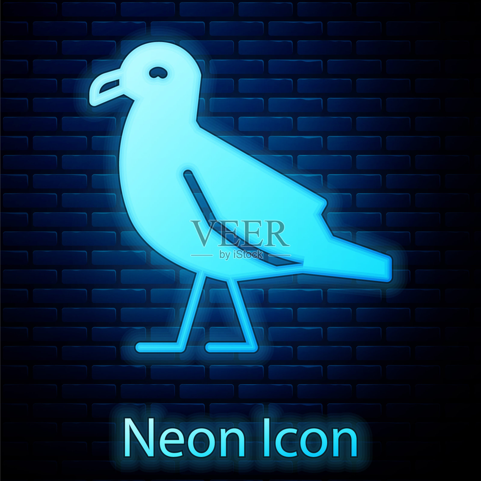 发光的霓虹灯鸟海鸥图标孤立在砖墙背景。向量插画图片素材