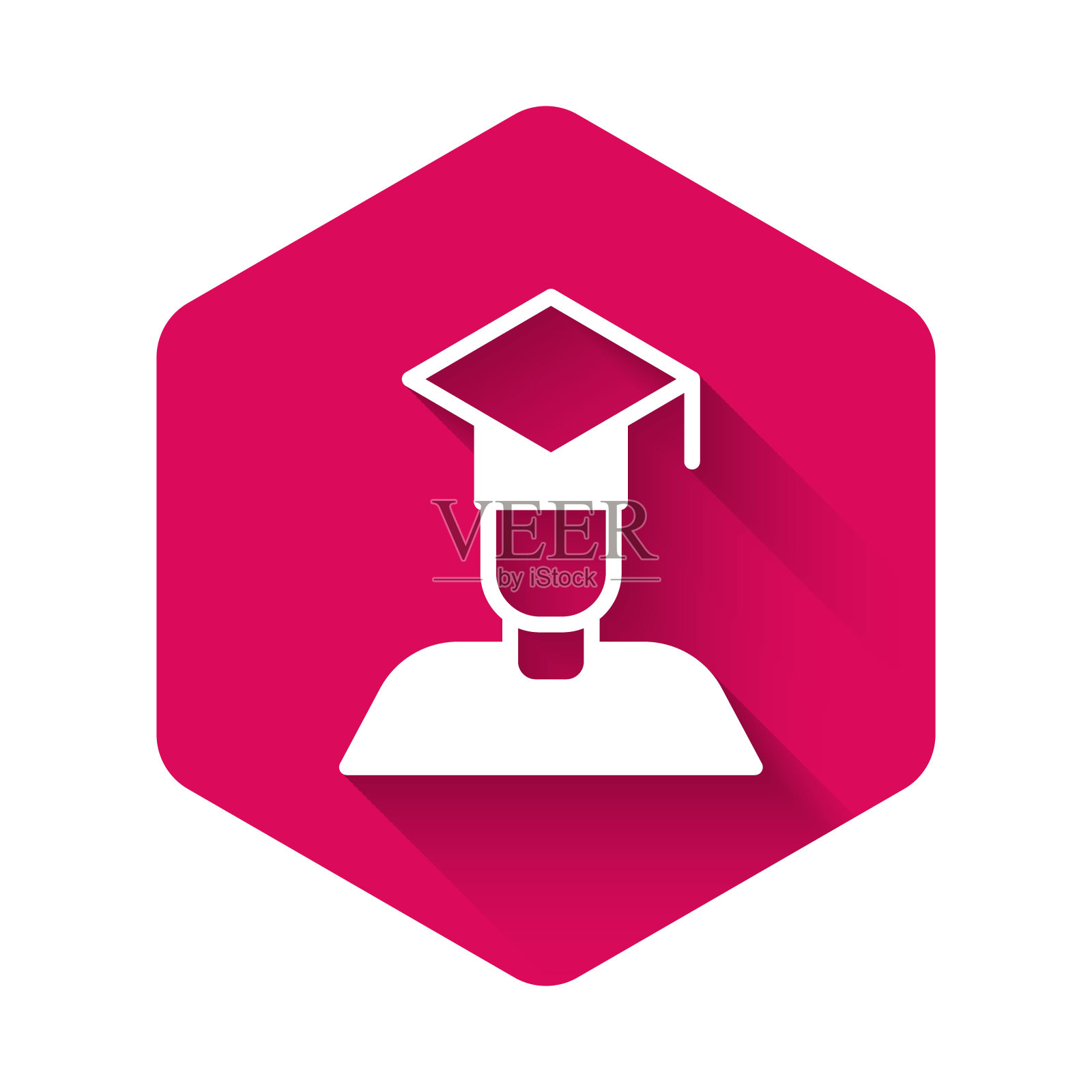 白色毕业和毕业帽图标孤立与长阴影背景。粉红色的六角按钮。向量插画图片素材