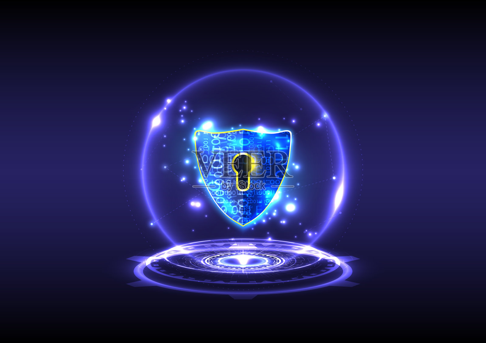 未来的发光HUD全息图挂锁与锁孔盾牌图标在个人数据安全。网络安全数据或信息隐私。抽象全息背景插画图片素材