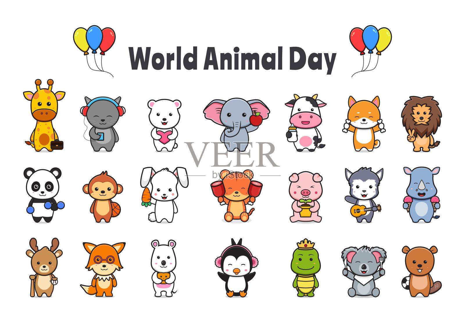 集世界动物日庆祝卡通图标插图。插画图片素材