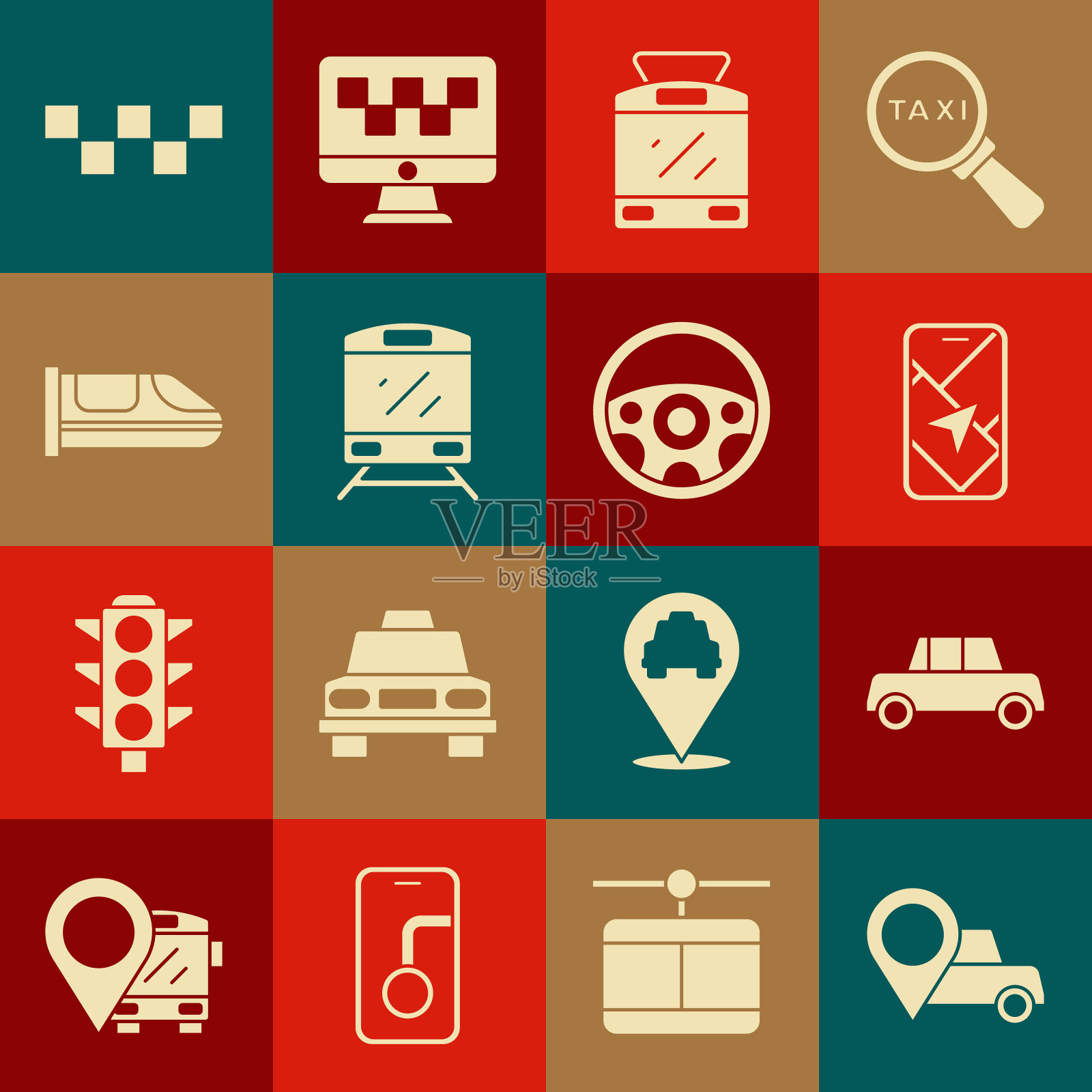 设置位置与出租车,汽车,城市地图导航,电车和铁路,火车,高速列车,出租车车顶和方向盘图标。向量图标素材