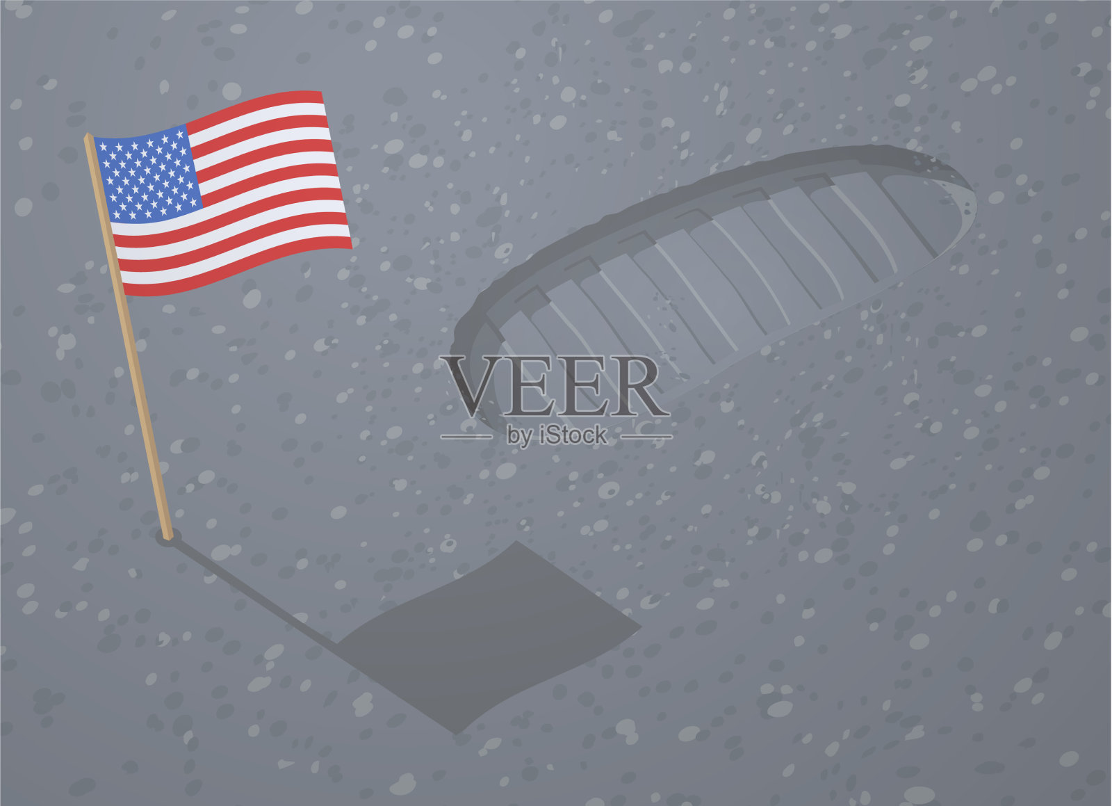 宇航员在月球上留下的脚印和美国国旗插画图片素材