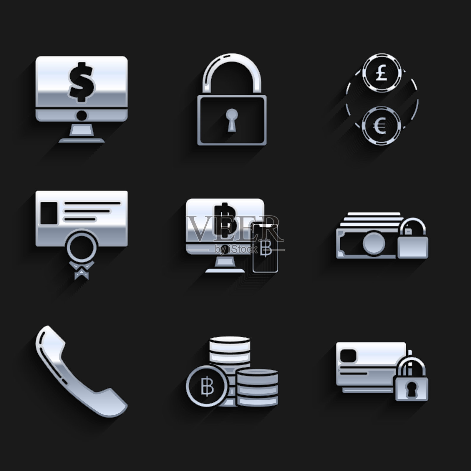 设置电脑显示器与手机和比特币,加密货币比特币,信用卡锁,货币,电话手机,证书模板,交换和美元符号图标。向量图标素材