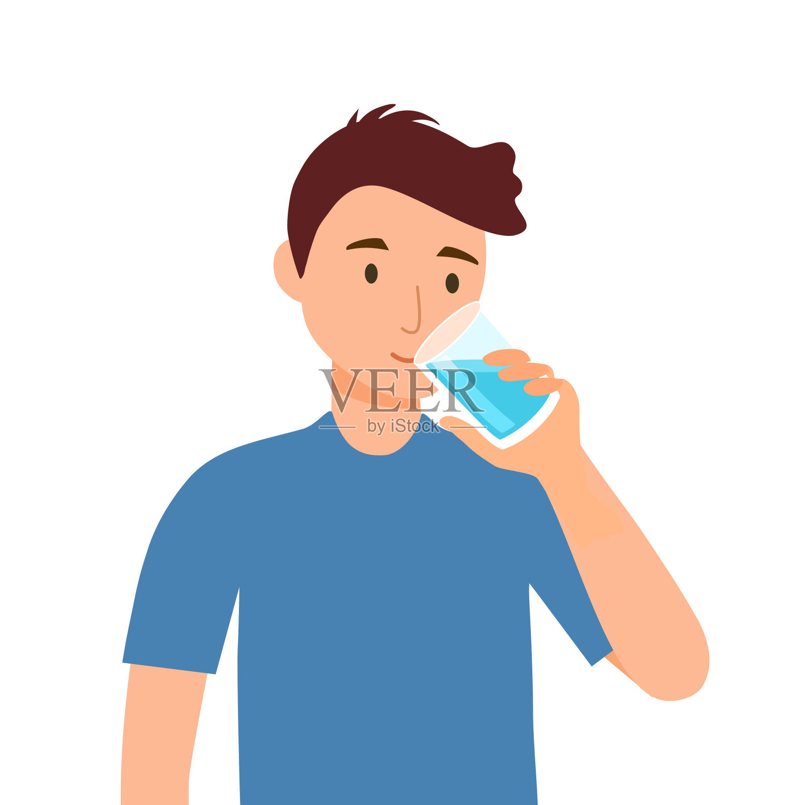 年轻人在白底的平面设计中喝水。多喝水,身体好。插画图片素材