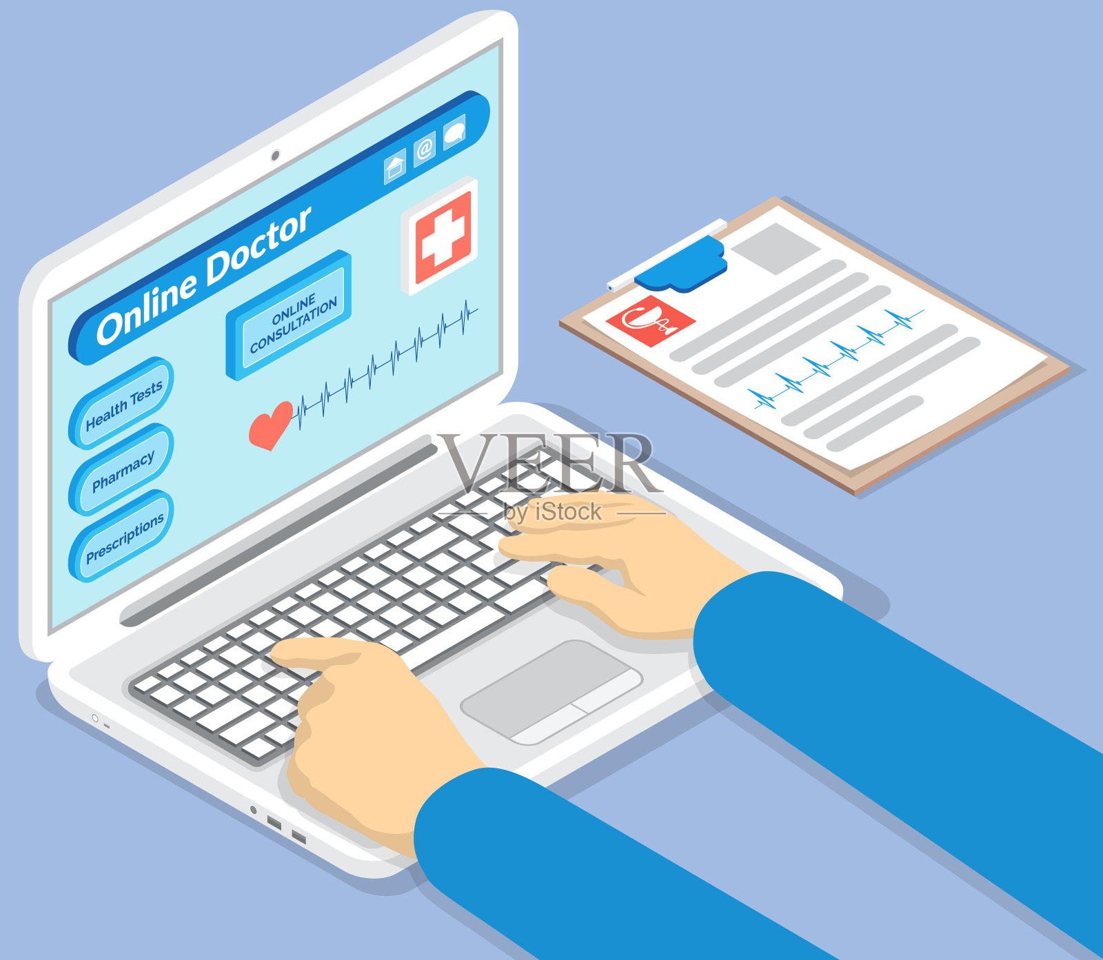 与医生在线会诊,电脑上的医学应用,手在键盘上打字插画图片素材