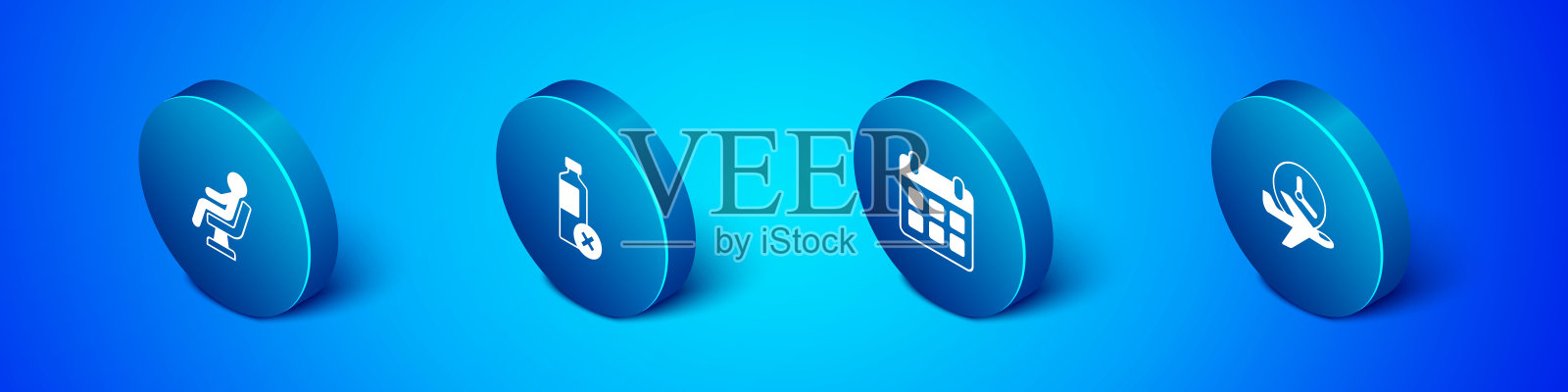 设置在机场候机楼等待的等距人员,日历和飞机,飞行时间和无水瓶图标。向量图标素材