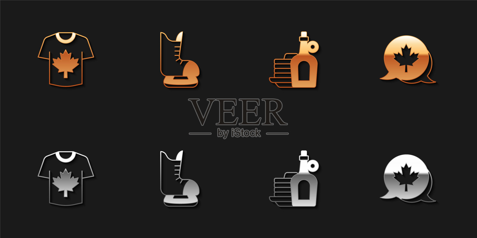 设置曲棍球球衣,溜冰鞋,煎饼和加拿大枫叶图标糖浆。向量图标素材