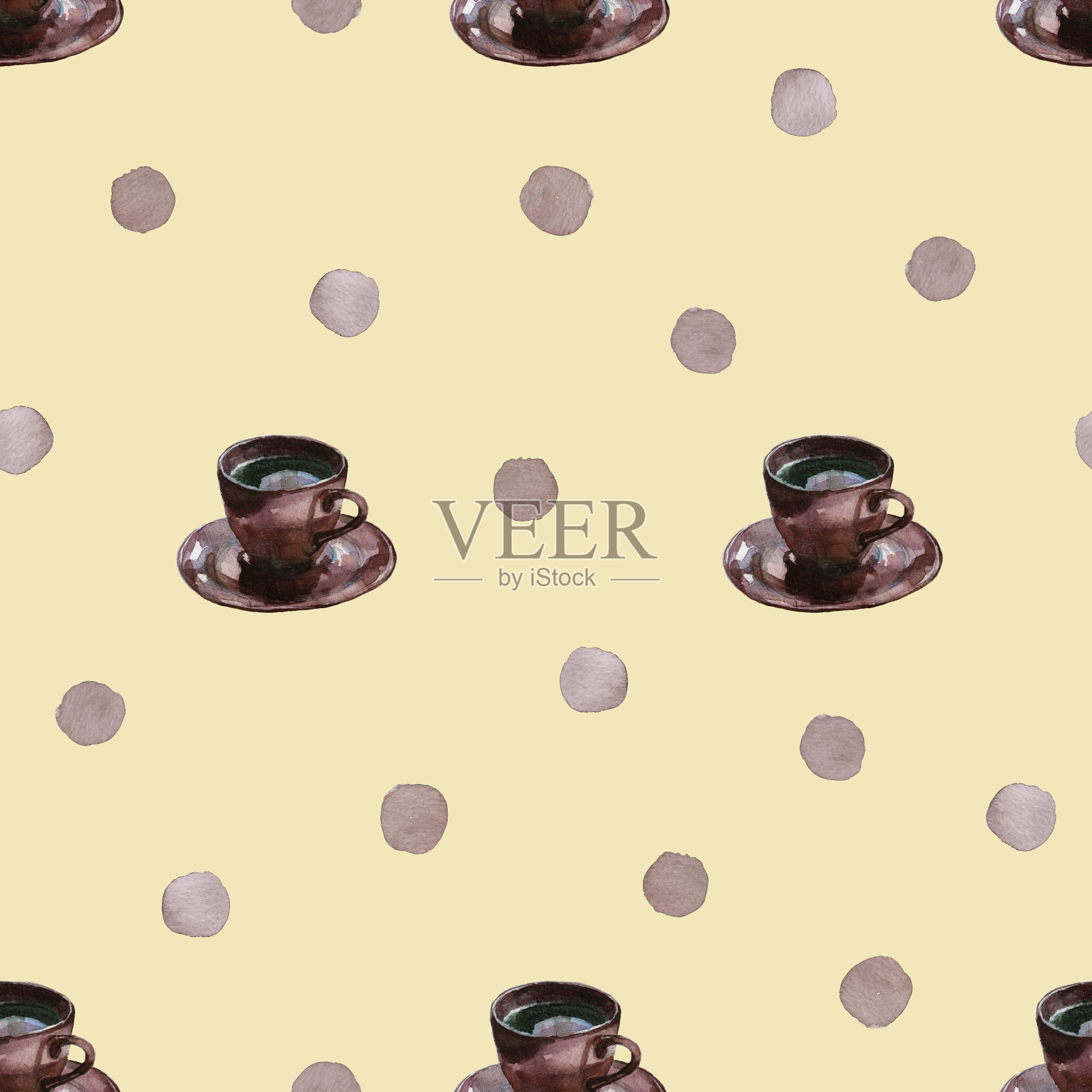 棕色咖啡杯和圆点水彩无缝模式插画图片素材
