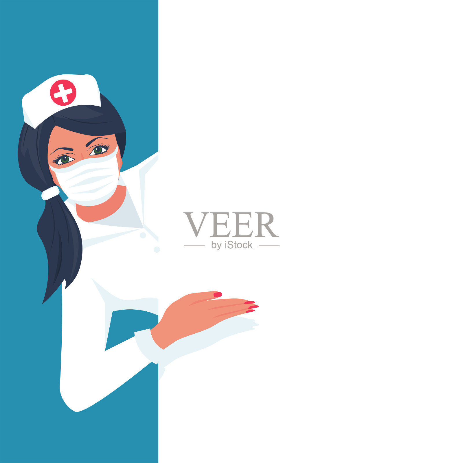 医生戴着防护口罩,显示空白招牌设计元素图片