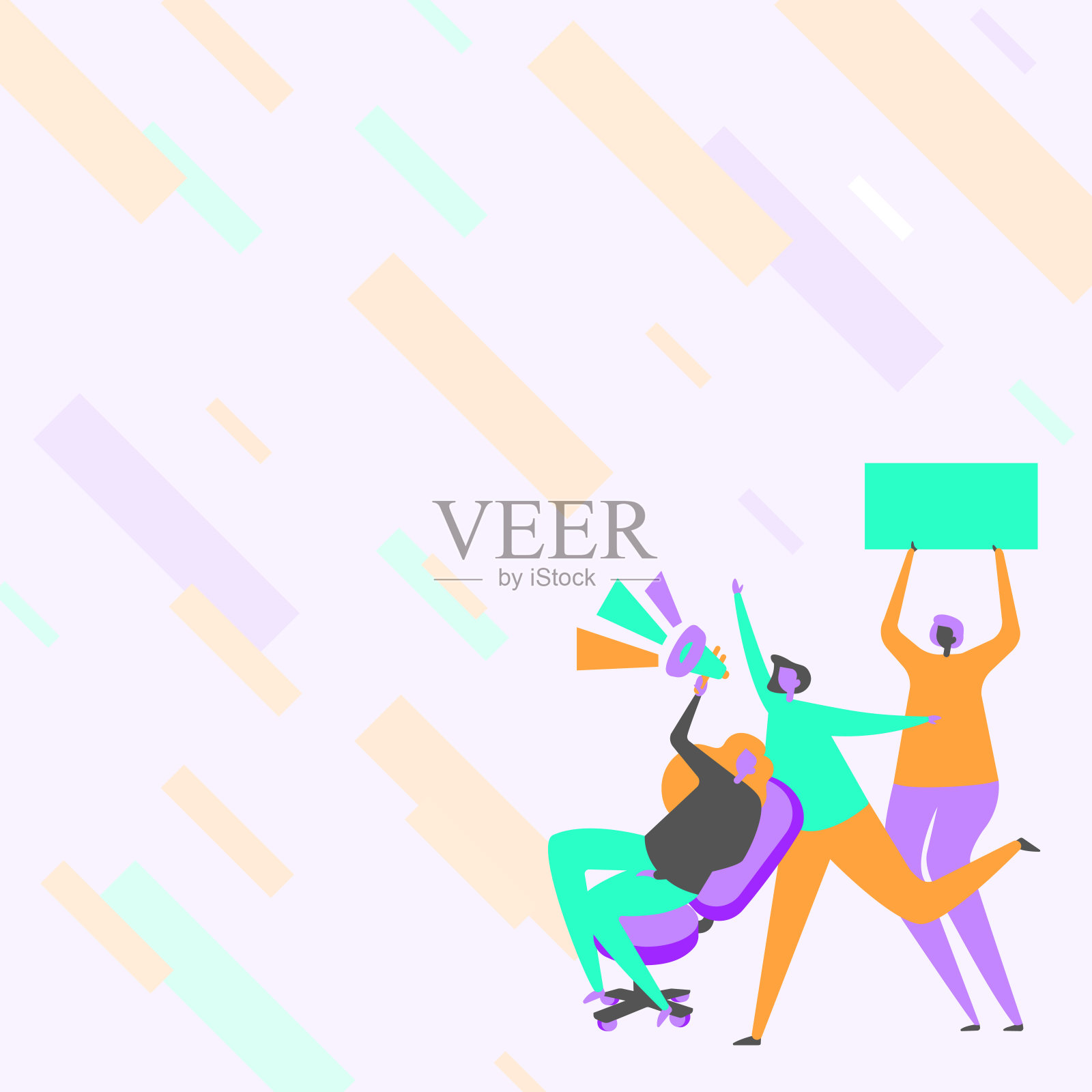 女人坐着绘画,拿着扩音器向人群发布新公告。人们用扩音器画线稿,举着标语宣传最新广告。插画图片素材