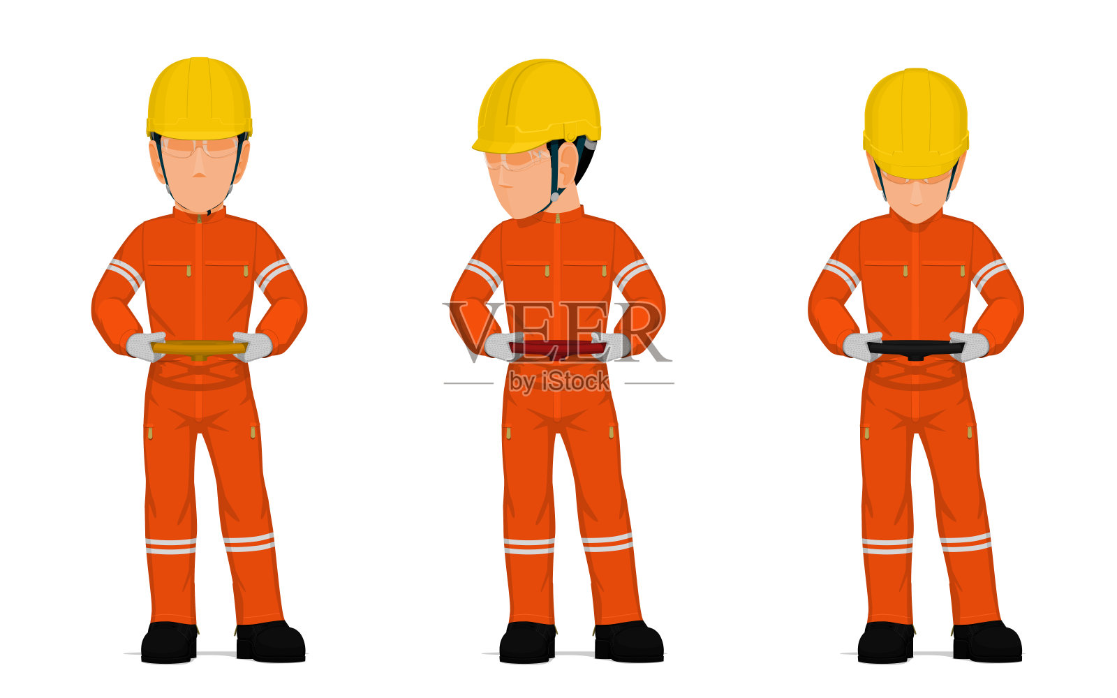 一组工人在白色背景上手持手轮插画图片素材