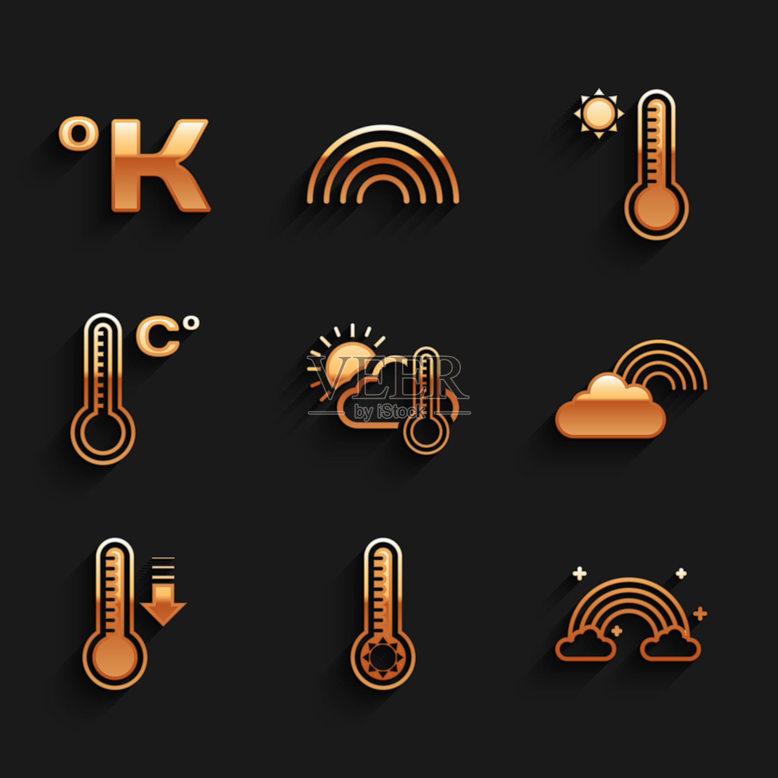 设置温度计和云,太阳,气象温度计,彩虹与云,和开尔文图标。向量图标素材