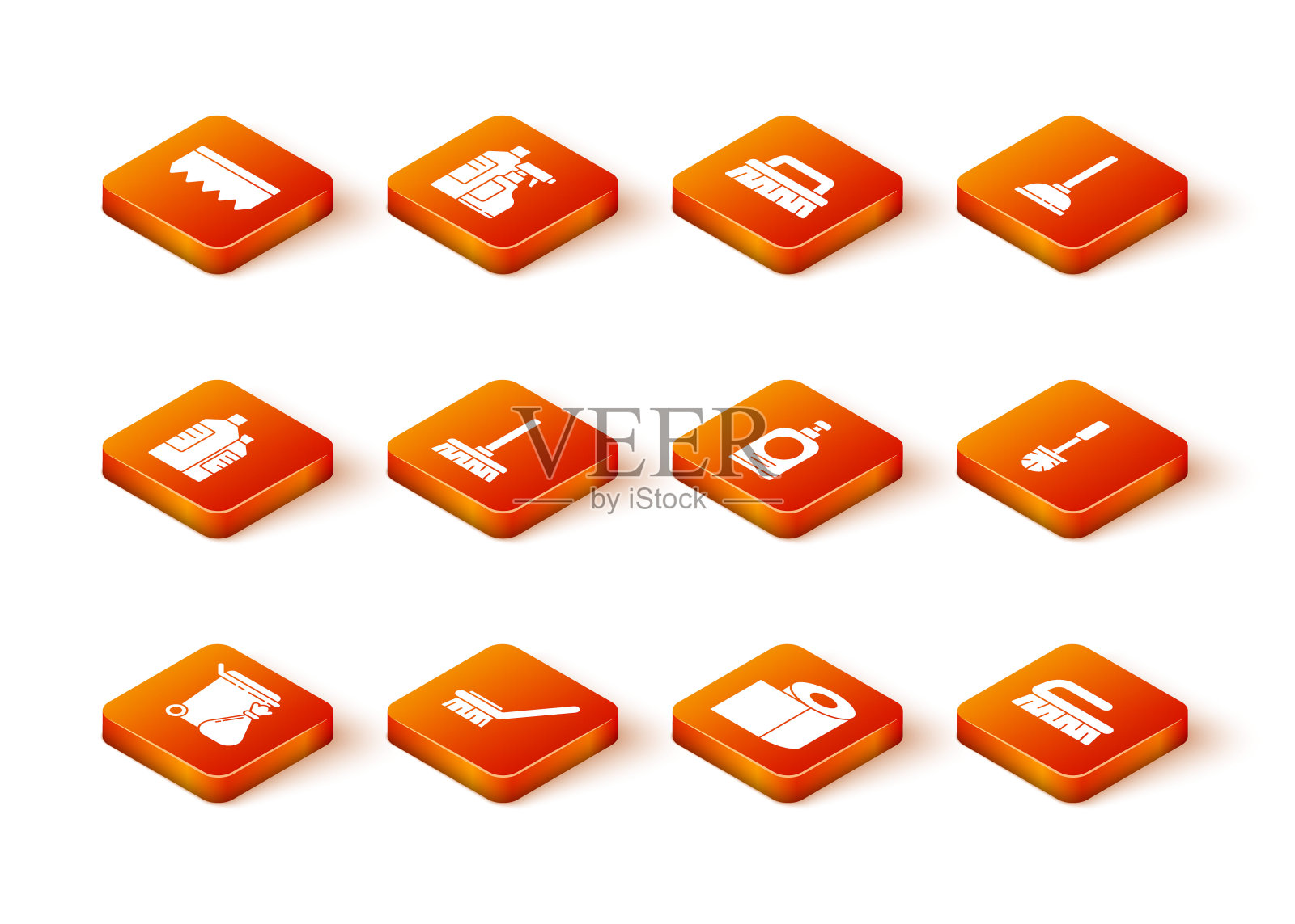 设置垃圾桶和垃圾袋,清洁刷,瓶剂,扫帚,手纸卷,消毒瓶,刷图标。向量图标素材