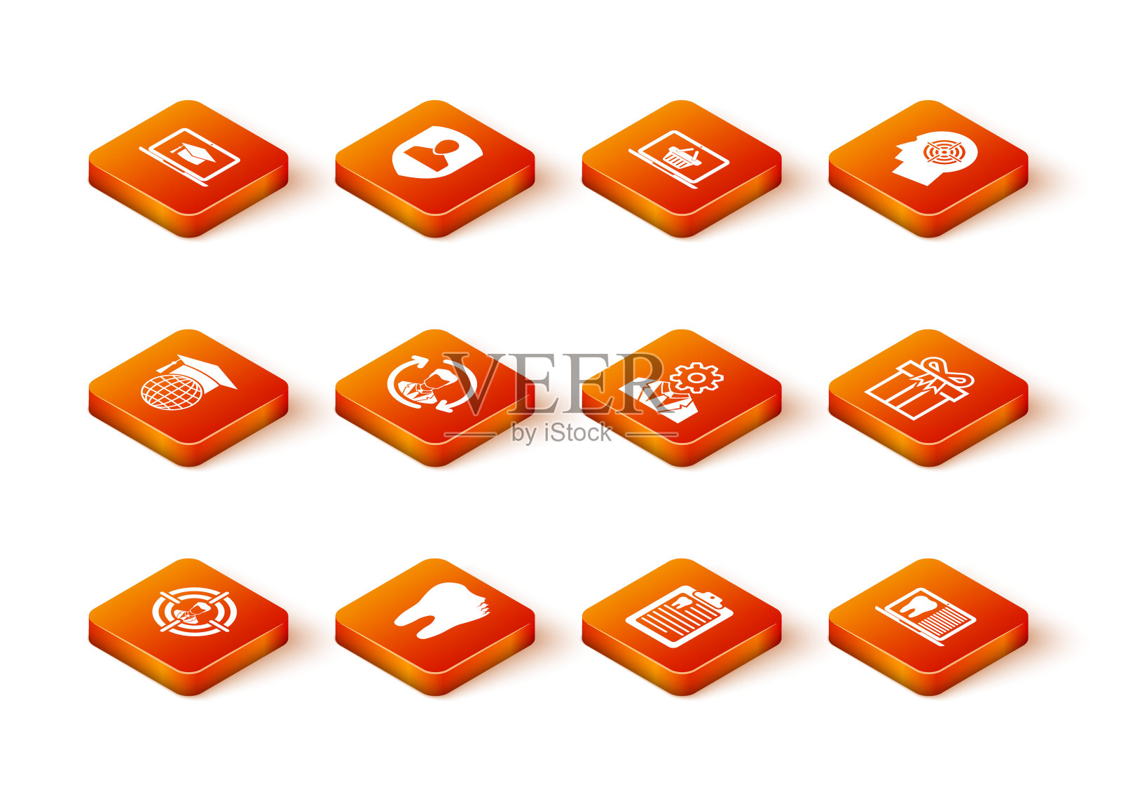 集头狩猎,断牙,毕业帽上的地球,人力资源,剪贴板与牙科卡和齿轮内的图标。向量图标素材