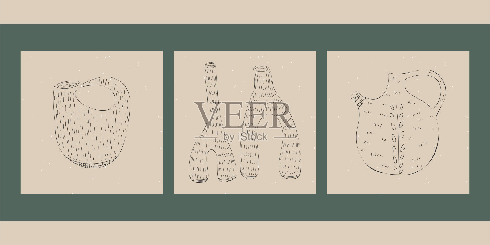 斯堪的纳维亚风格的抽象中性背景与陶瓷,不同寻常的花瓶与图案。插画图片素材