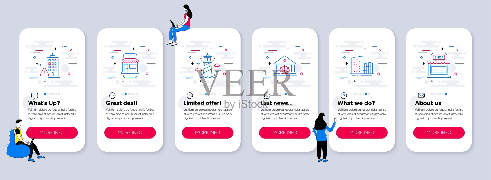 一套建筑物的图标,如建筑物,灯塔,法院大楼。向量设计模板素材