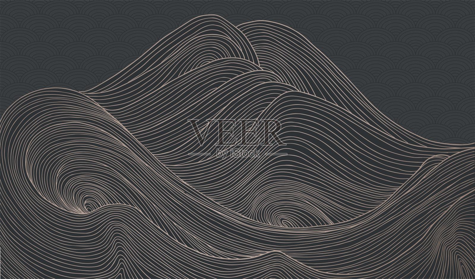 亚洲风格的黑色和金色插图,抽象的山景插画图片素材