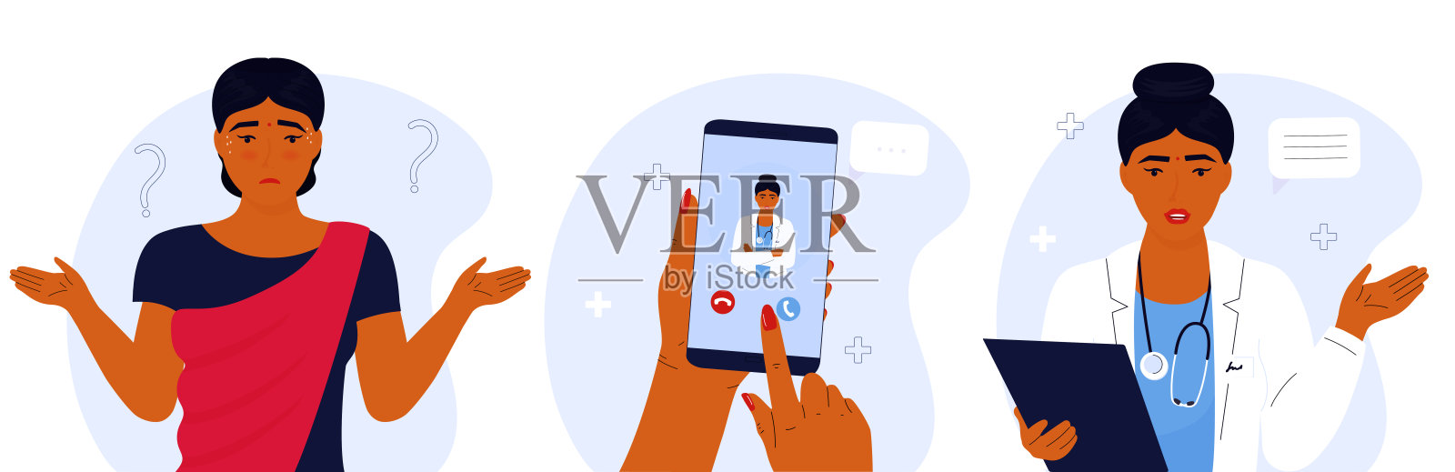 在线医生。电子健康。困惑的印度女人感冒了。病人给医务人员打视频电话。远程的约会。远程医疗的概念。插画图片素材