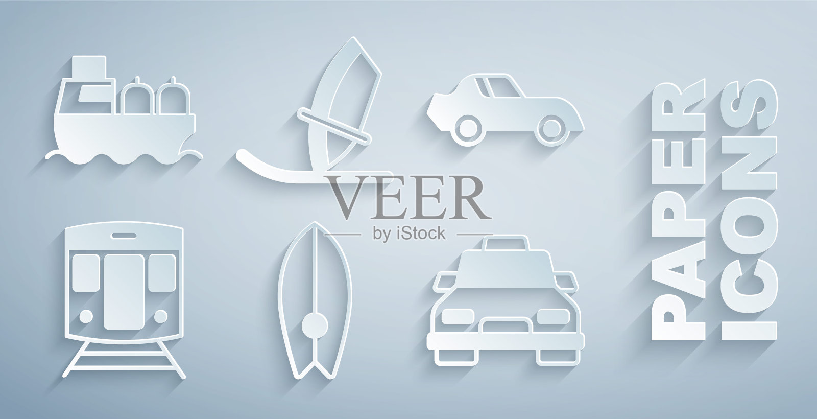 设置冲浪板,汽车,火车和铁路,出租车,风帆和油轮船舶图标。向量图标素材