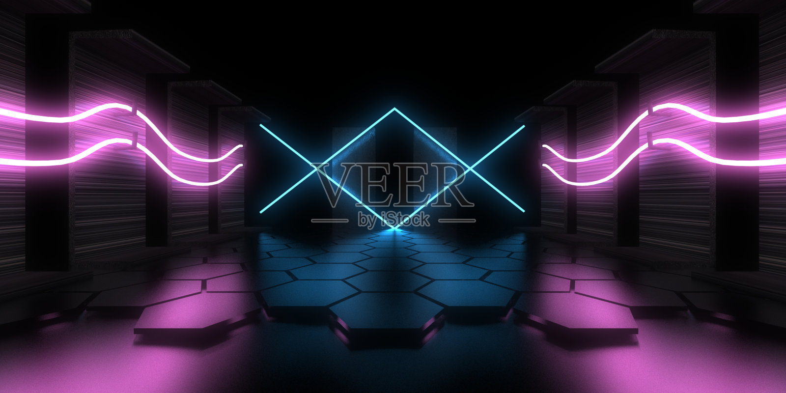 3D抽象背景霓虹灯。霓虹灯隧道。空间构造。三维插图照片摄影图片