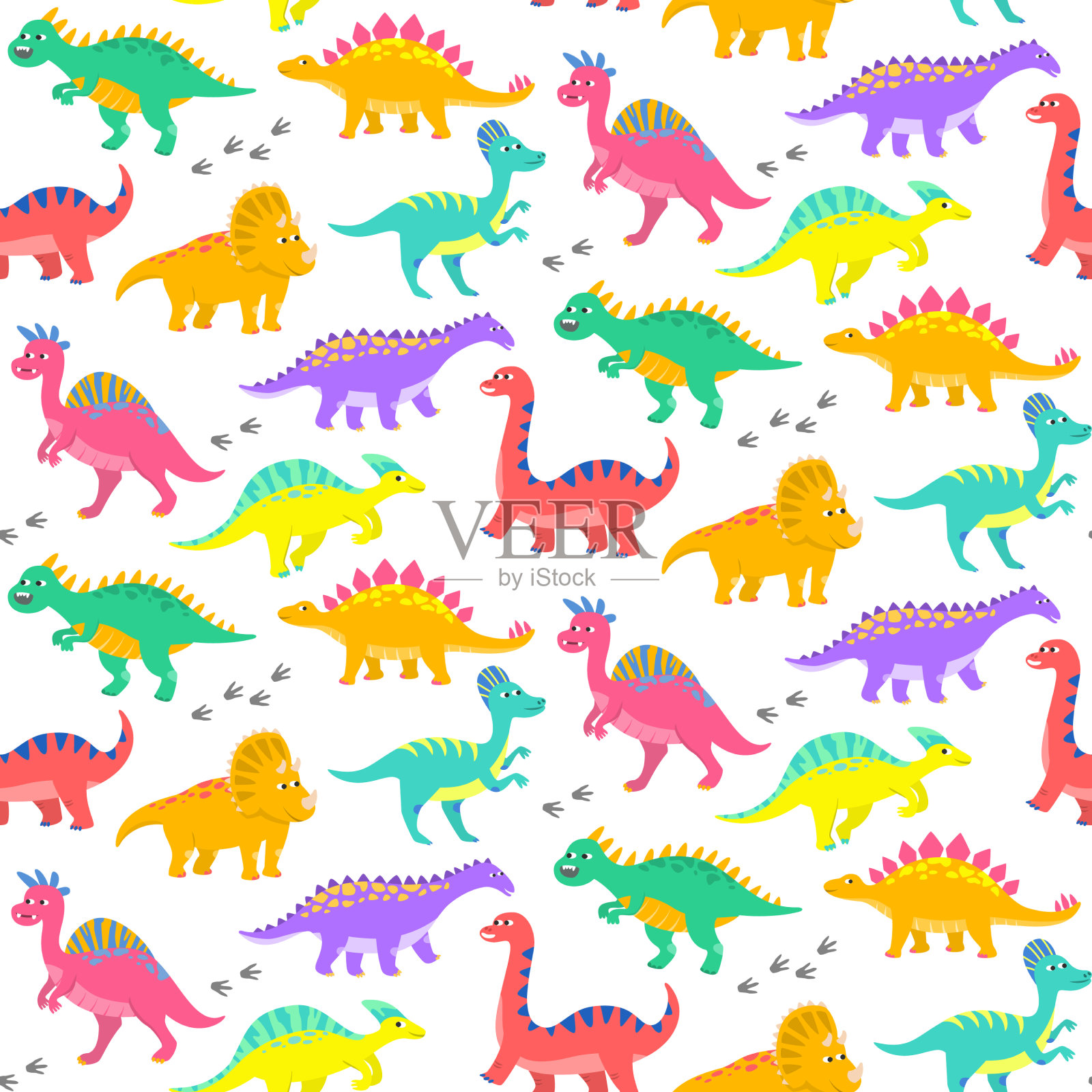 无缝图案与彩色卡通恐龙插画图片素材
