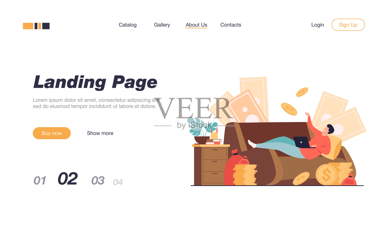 成功的自由职业者坐在沙发上,带着笔记本电脑和钱袋插画图片素材