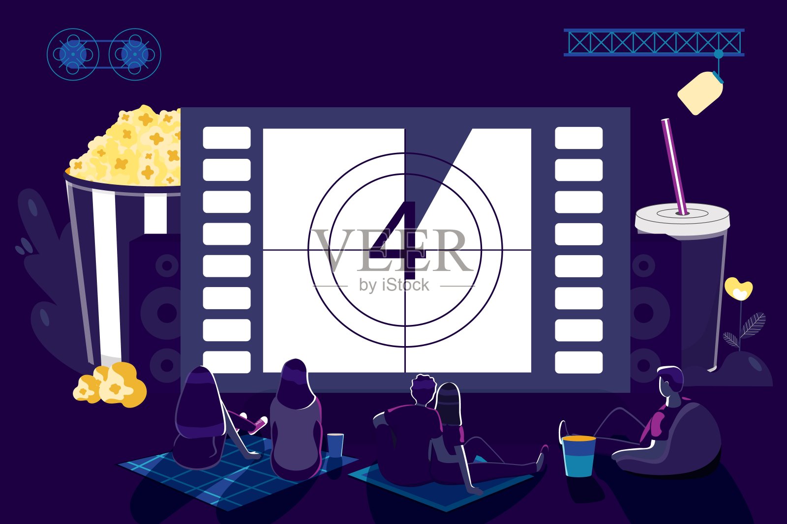 电影之夜在家里户外电影院晚上与朋友看电影在大屏幕上与声音系统露天电影院后院影院齿轮概念矢量插图设计模板素材