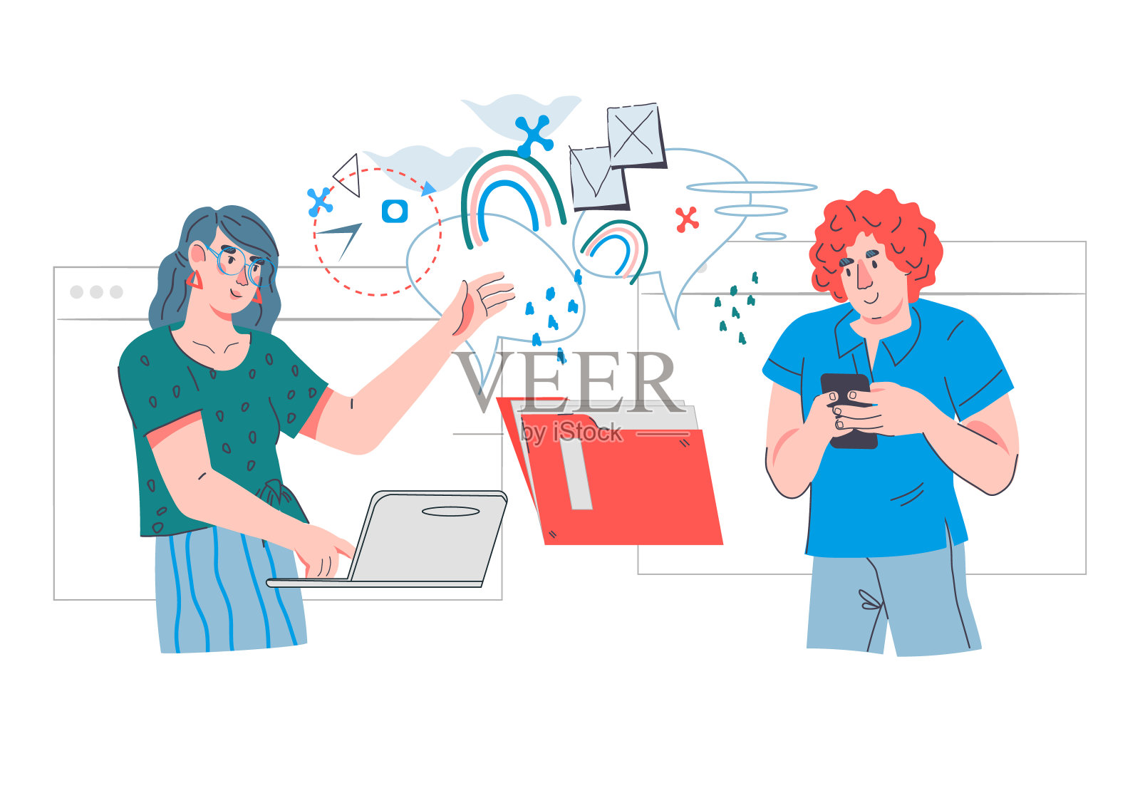 在线视频通话,视频会议和商务沟通概念,平面矢量。插画图片素材