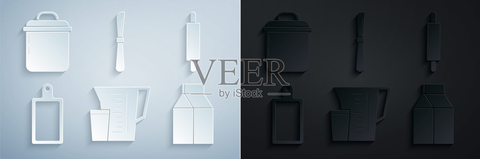 集量杯,擀面杖,切菜板,牛奶纸包装,刀和锅图标。向量插画图片素材