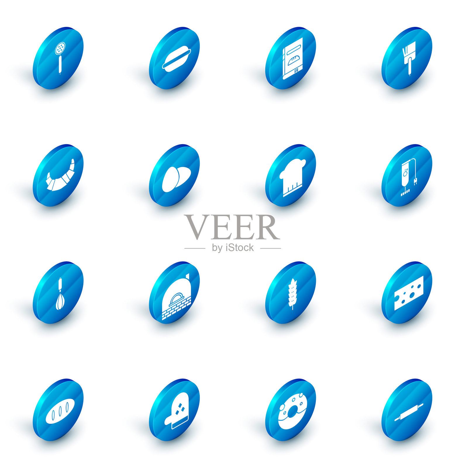 设置马卡龙饼干,烹饪书,厨房刷,羊角面包,打蛋器,鸡蛋,搅拌机和厨师帽子图标。向量图标素材