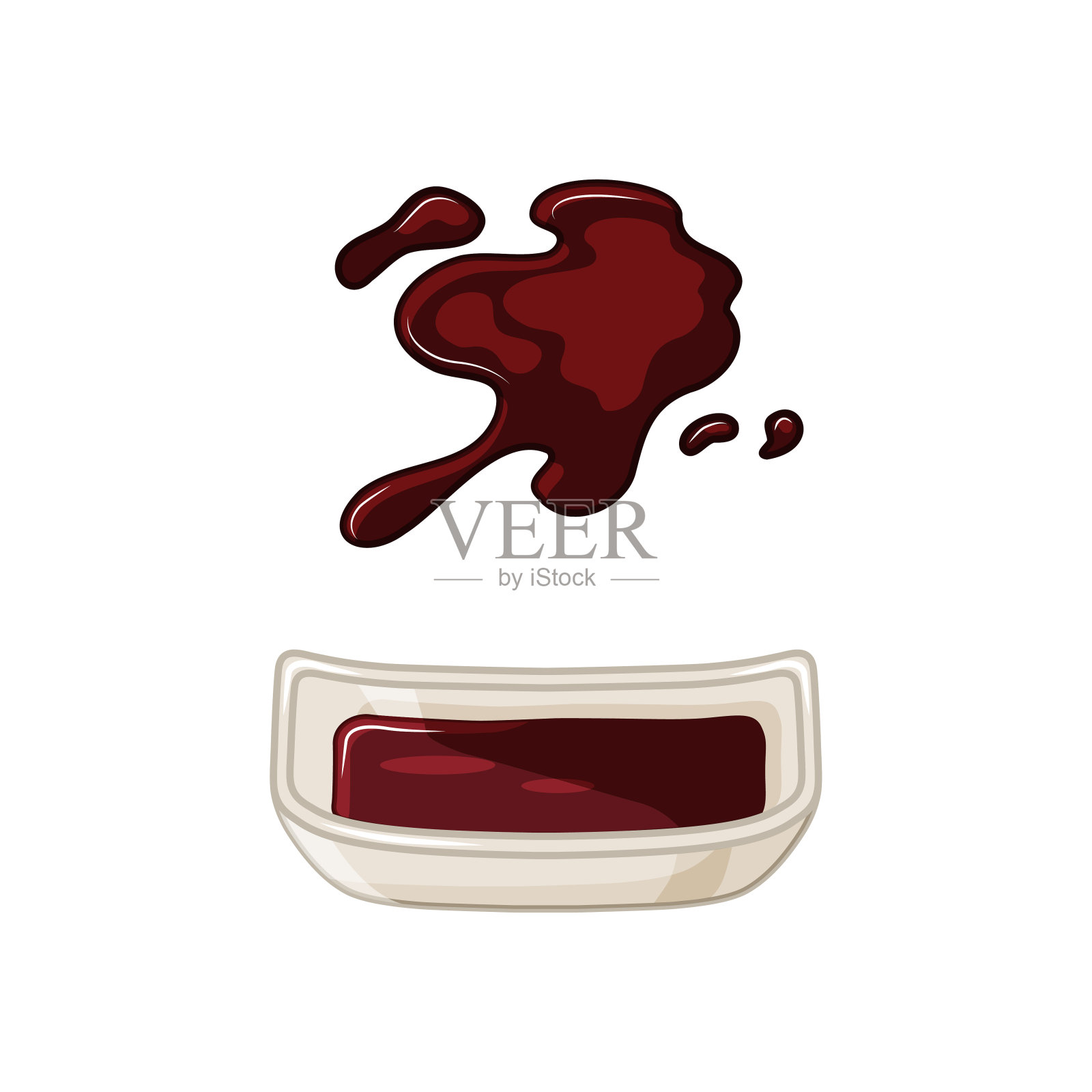 酱油碗和水坑在一个白色孤立的背景。亚洲美食。飞溅。卡通矢量插图。插画图片素材