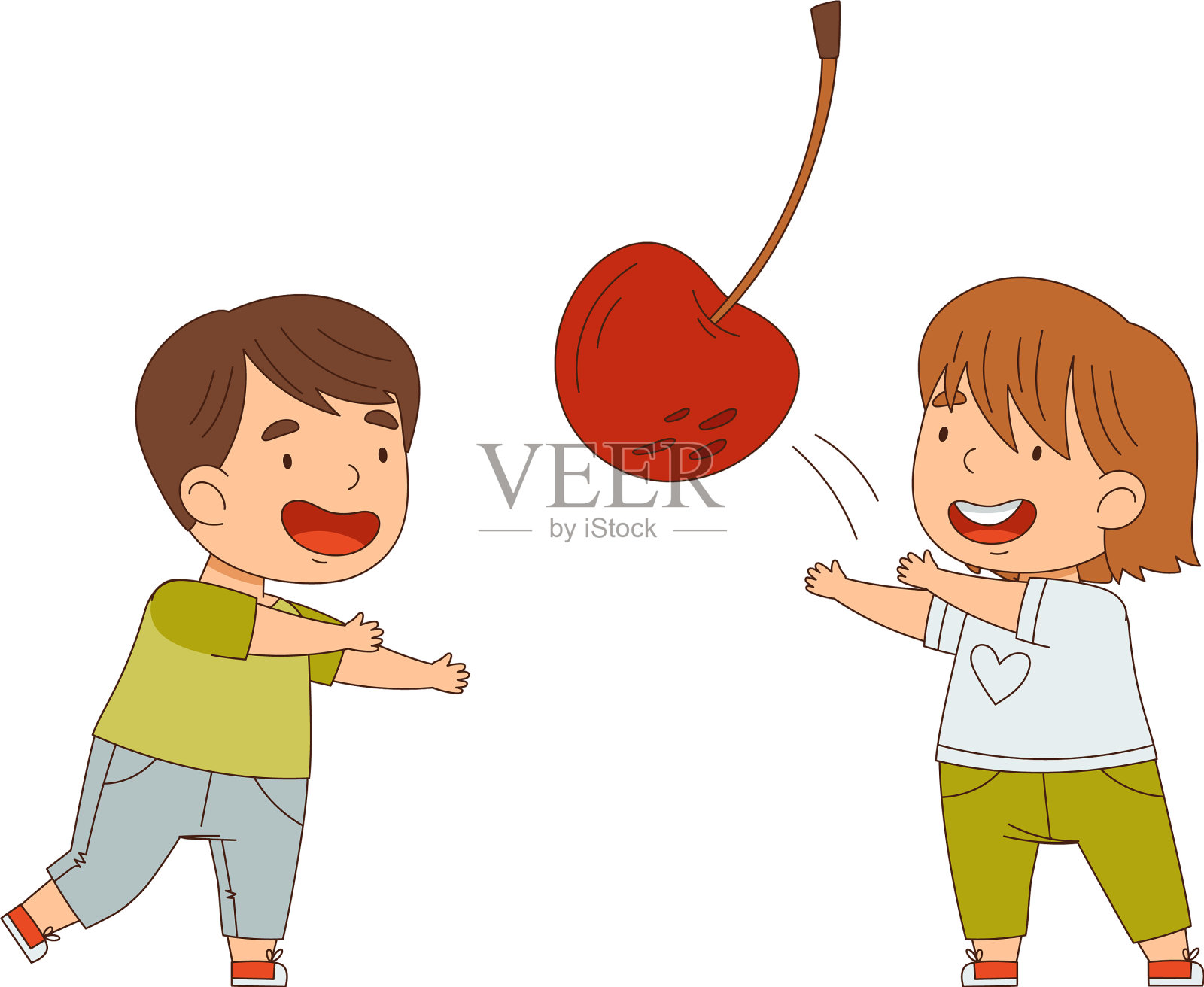 小男孩和小女孩在玩扔大樱桃的游戏插画图片素材