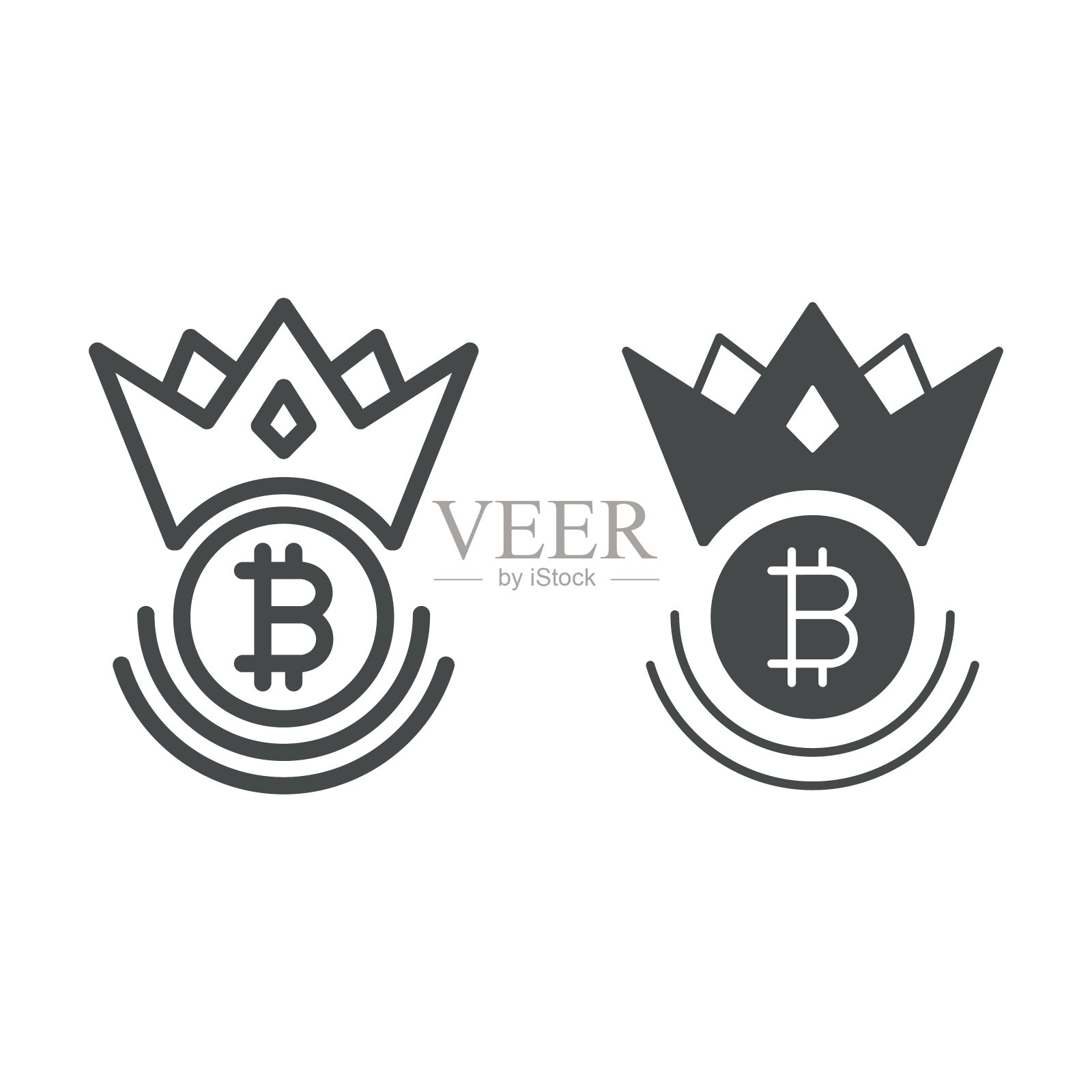 皇冠线和固体图标的比特币徽章,加密货币概念,白色背景上的皇家BTC国王矢量标志,轮廓风格图标的移动概念和网页设计。矢量图形。图标素材